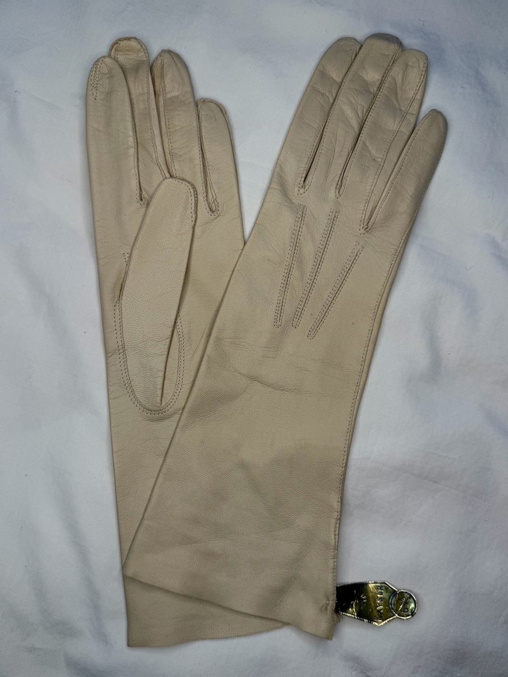 MCM Women's Long Leather Gloves in Cream Soft Vanity Display